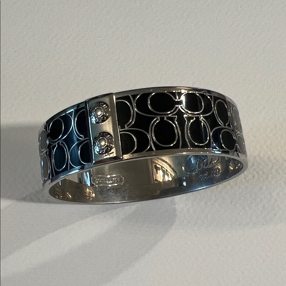 Coach Black Enamel Silver-Tone Wide Bangle Bracelet